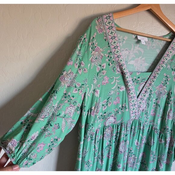J.Jill Border Printed Flounced Hem Dress Size XL Light Garden Green Peasant Boho - Picture 6 of 12